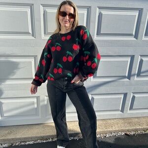 Cherry Pattern Black Sweater
